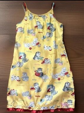 NICK & NORA Nightgown Girls M 7/8 Yellow Satin Cats Days Of The Week Print Slip